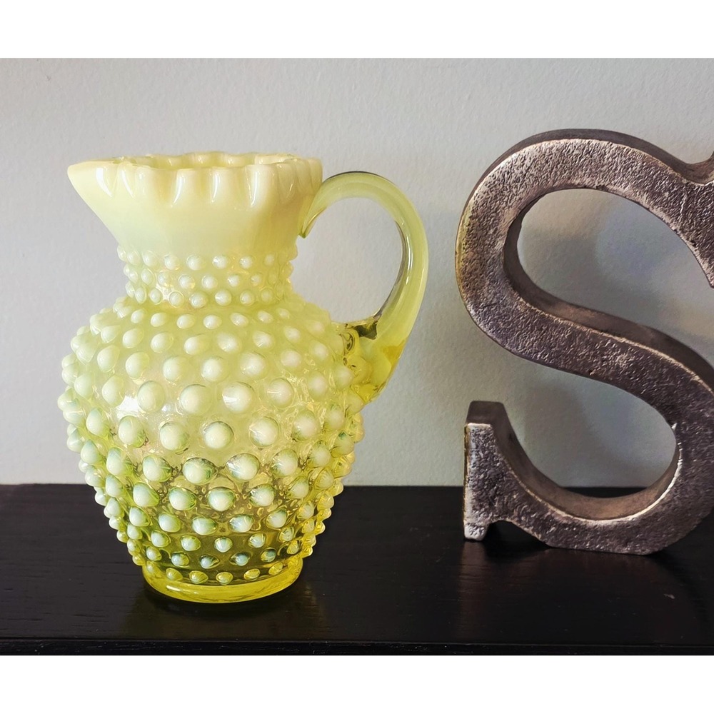 Vintage 1950s Fenton Vaseline Glass Hobnail Pitcher Vase